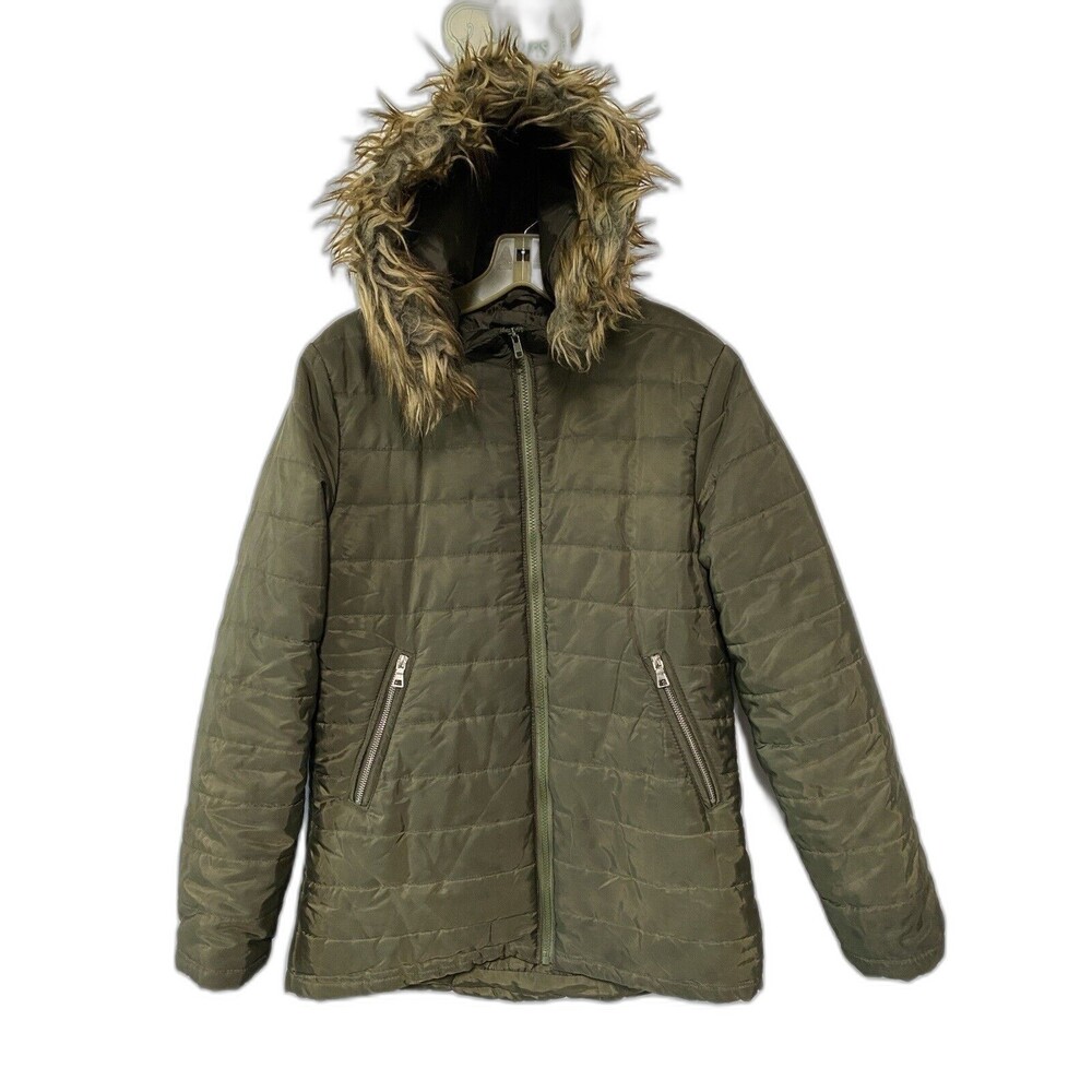 Ambiance Outerwear Womens L Parka Coat Jacket Quilted Green Hoodie Full Zip Y2K